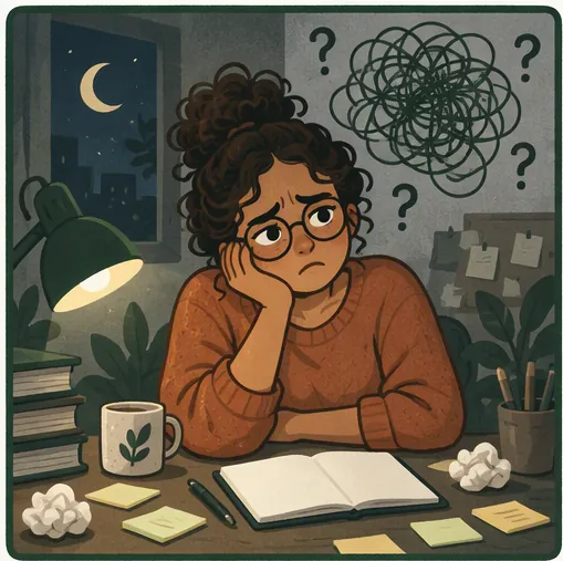 Maya sits at her desk with question marks overhead.