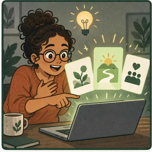 Maya points to one of three illustrative idea cards.