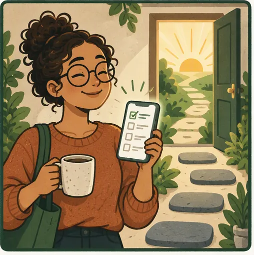 Maya holds coffee and a phone checklist in morning light.