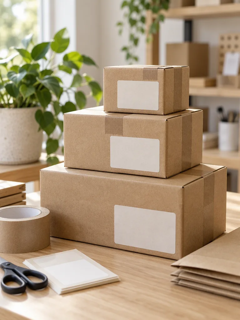 A generated image of parcels and packing supplies on a desk.