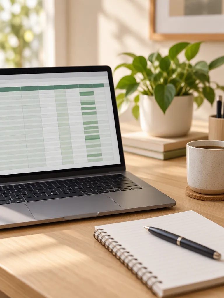 A generated image of a laptop with a spreadsheet on a sunlit desk.