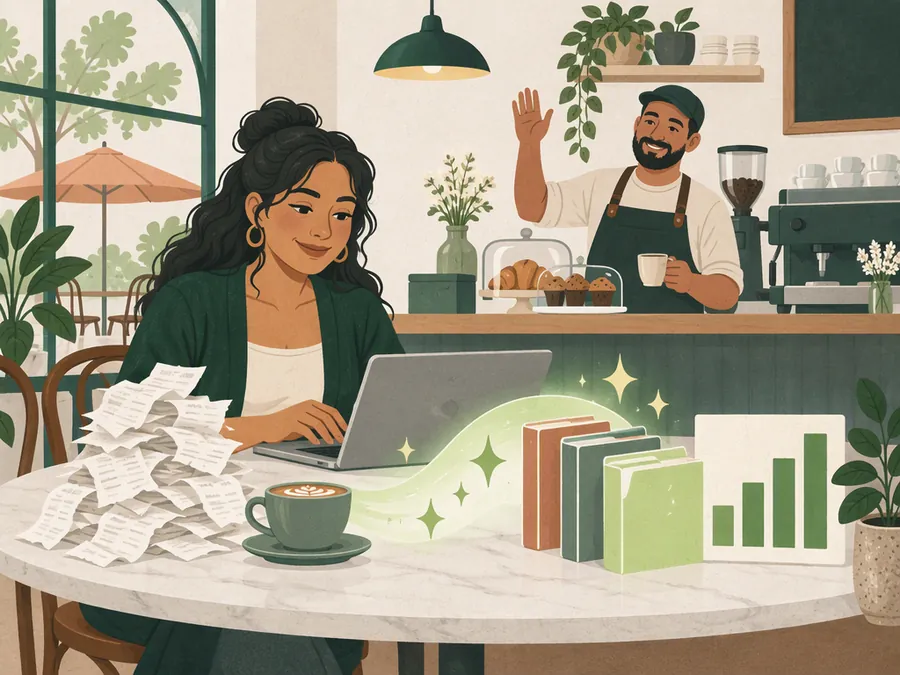 An illustrated bookkeeper reviewing receipts and a monthly report.