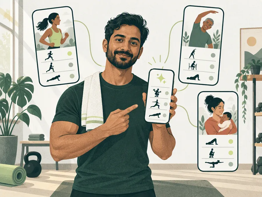 An illustrated fitness trainer and a sample weekly plan on a phone.
