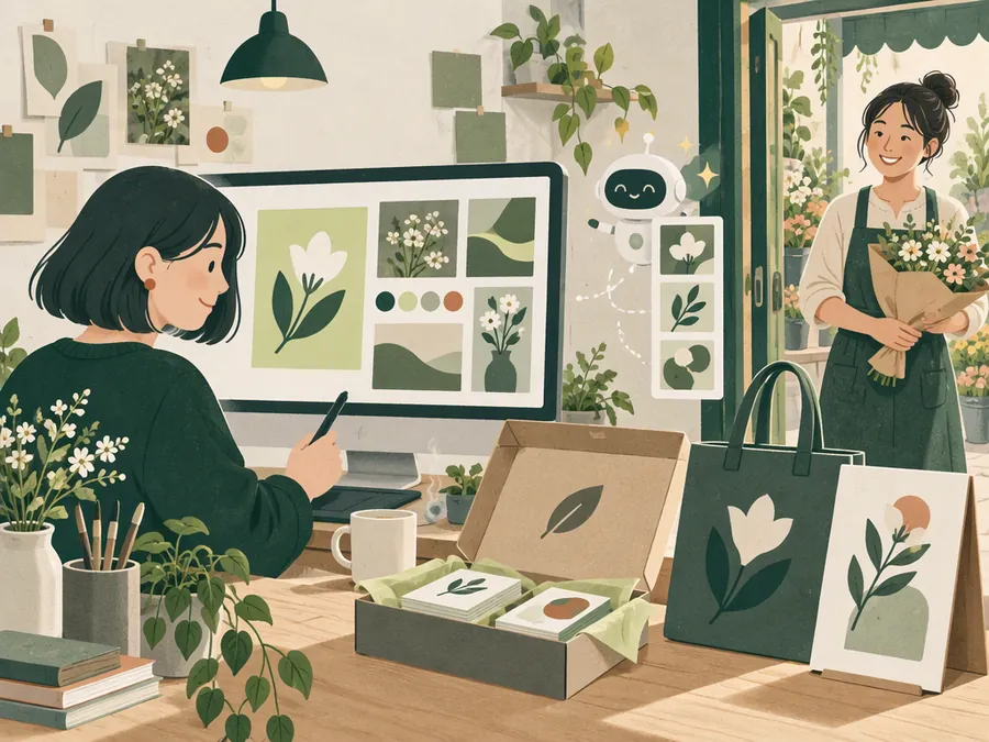 An illustrated designer discussing a sample brand kit with a florist.