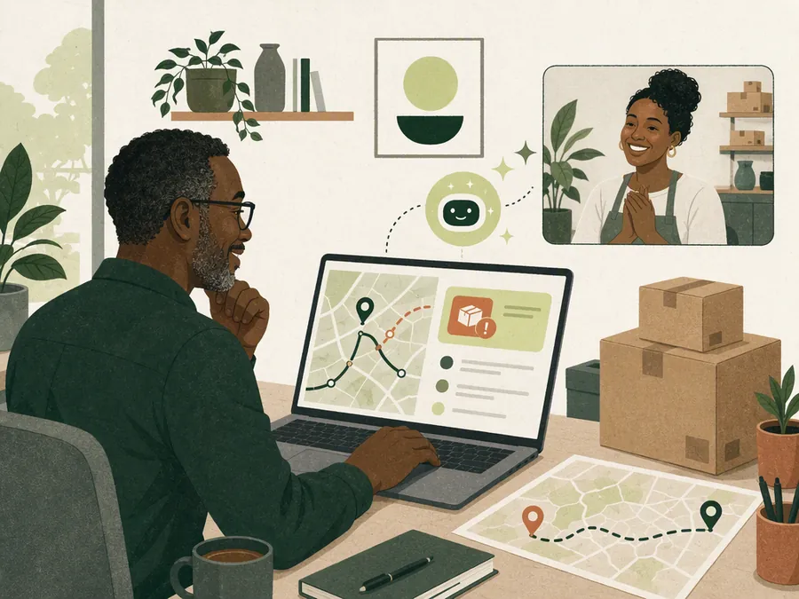 An illustrated logistics coordinator preparing a parcel update.