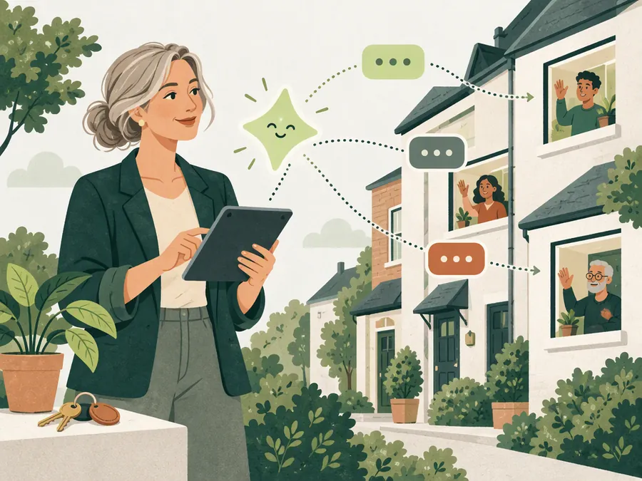 An illustrated property manager beside a sample tenant help desk.