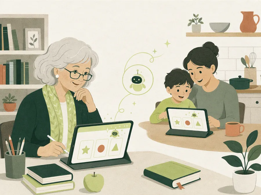 An illustrated teacher, parent and child exploring a learning tool.